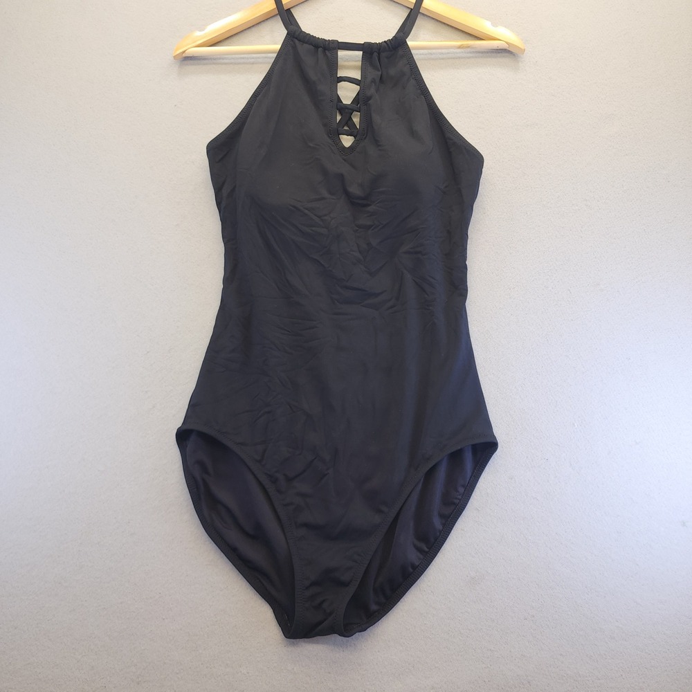 Garnet Hill Black High Neck Halter One Piece Swimsuit Strappy Lattice Size 10